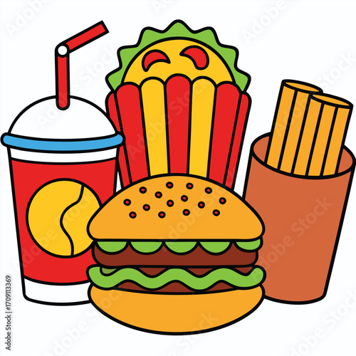 Colorful cartoon illustration of a fast food meal with burger fries and drink
