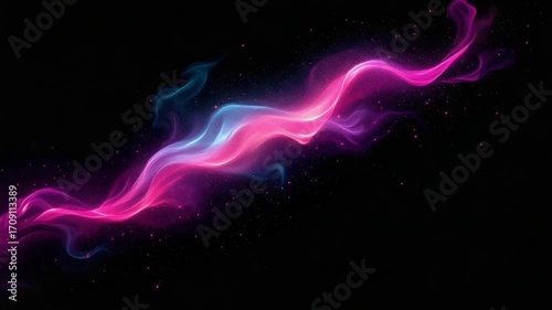 An abstract digital artwork featuring dynamic flowing waves of vibrant pink and blue light on a dark background for graphic design and visual presentation