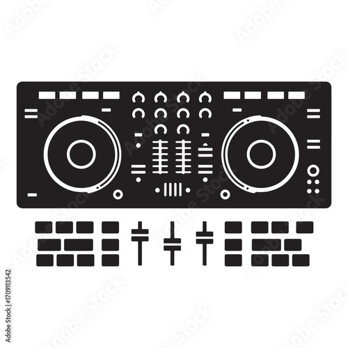 Monochrome vector icon of a modern DJ controller setup. Simple black silhouette illustration of a digital music mixer deck for audio production and nightlife events