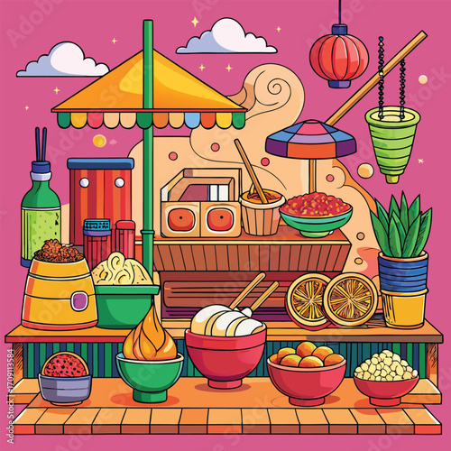 Vibrant asian street food stall with lanterns and delicious snacks