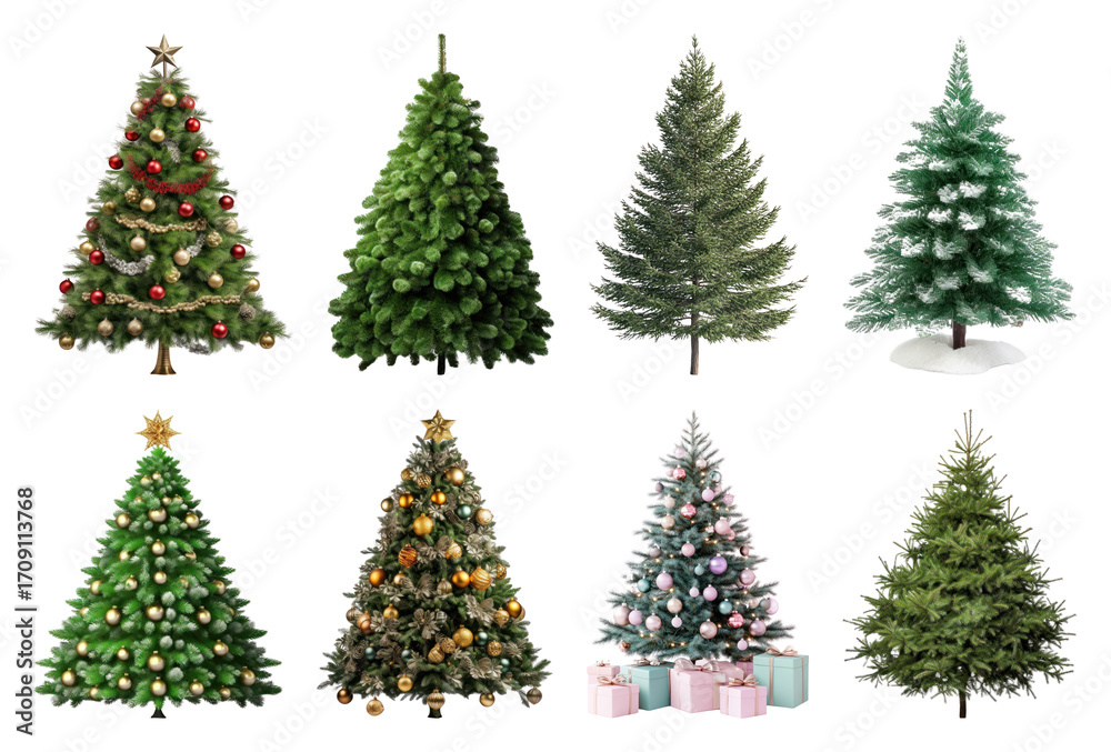 Fototapeta premium PNG Variety of decorated Christmas trees, element set on transparent background