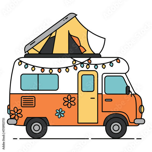 Colorful retro campervan illustration with a rooftop tent and festive lights, perfect for van life and road trip concepts. Isolated vector graphic for travel and adventure themes