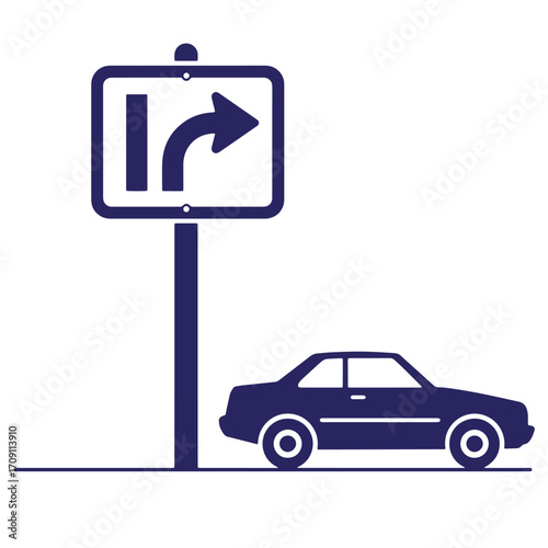 Dark blue silhouette of a right turn road sign and a car on white background