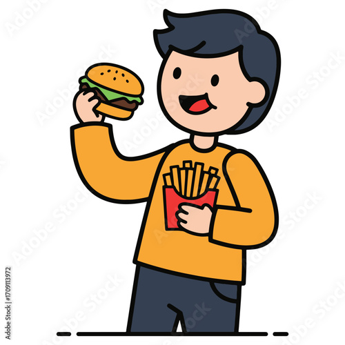 Cheerful young man holding a delicious burger and fries. Simple flat vector illustration of a happy person enjoying a fast food lunch or snack