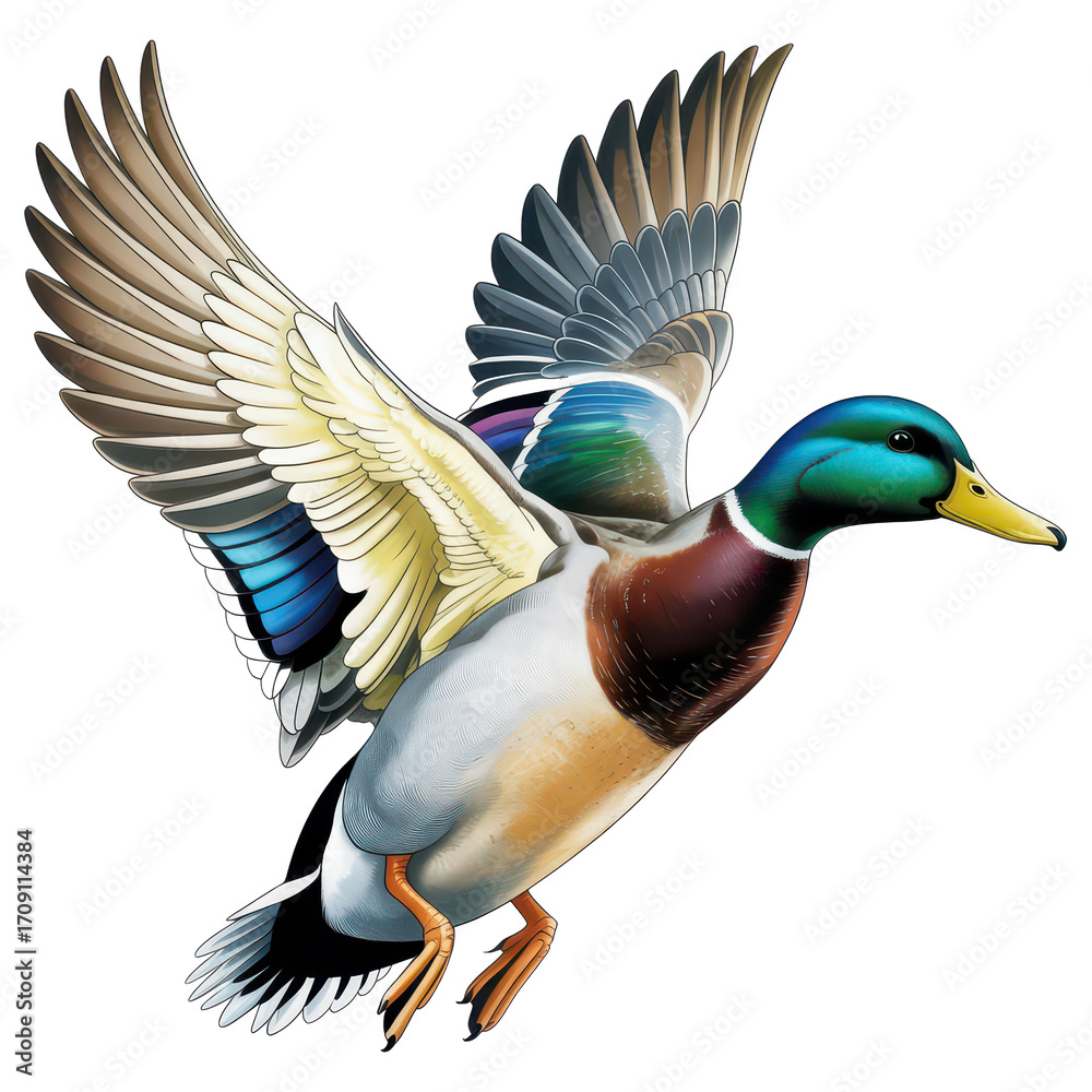 Naklejka premium Male Mallard Duck in Flight Against White Background