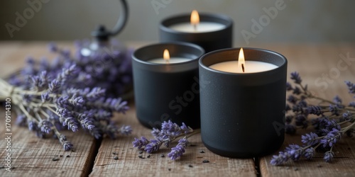 Close up of Scented Candles Amidst Textural Wood and Delicate Lavender for a Natural Vibe