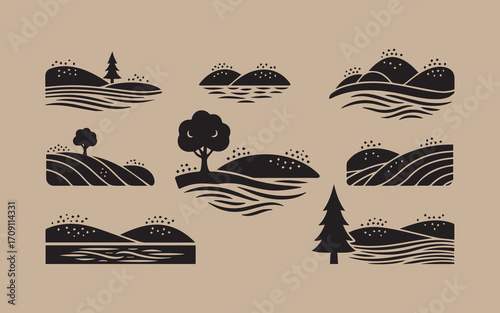 Wallpaper Mural Collection of stylized black and white landscape illustrations on a textured background Torontodigital.ca
