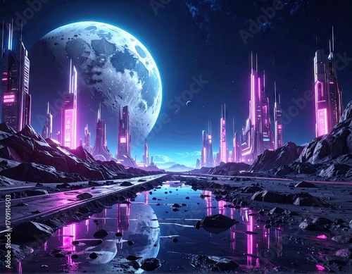 Futuristic Cityscape at Night Under a Giant Moon