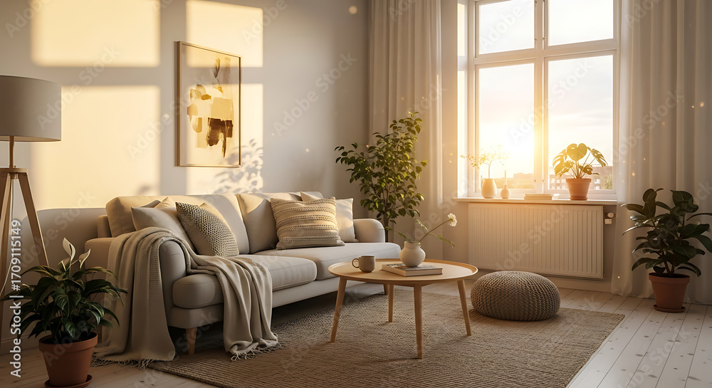 Fototapeta premium Cozy Living Room Interior with Sofa Table and Natural Light.