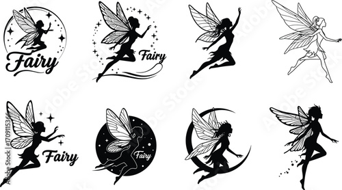 Black silhouette fairy illustrations with wings, magical fantasy figures, mythical creatures, enchanting fairies, mystical art, flying fantasy characters