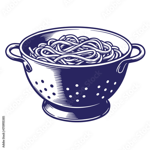 Engraved illustration of a colander draining cooked spaghetti noodles ready for serving