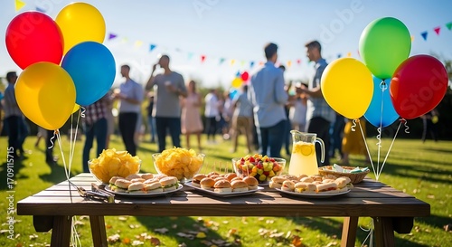 A vibrant outdoor party scene featuring colorful balloons, food, and a lively gathering of people.