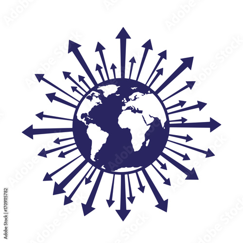 Global impact icon with arrows emanating from earth illustrating growth and expansion