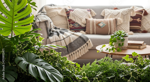 Cozy Living Room with Lush Green Plants and Textured Cushions.