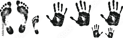 Black handprints and footprints family set, father mother children, unity love concept, ink texture grunge, minimal silhouette vector illustration