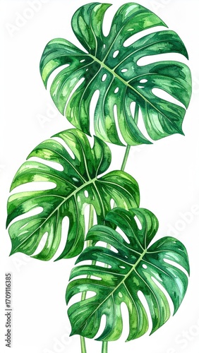 Detailed watercolor art of three vibrant green Monstera leaves ascending on stems, set against a crisp white background