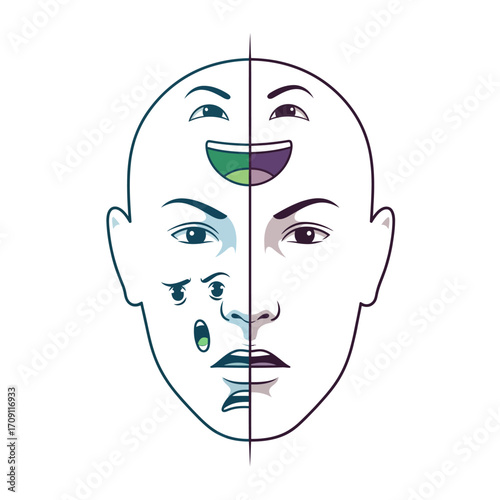A split-head illustration showcasing contrasting emotions, with happy and sad expressions on either side.