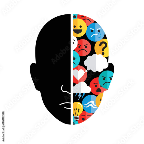 Conceptual illustration of mental health showing a split head, one side a dark silhouette, the other filled with diverse emotional icons.