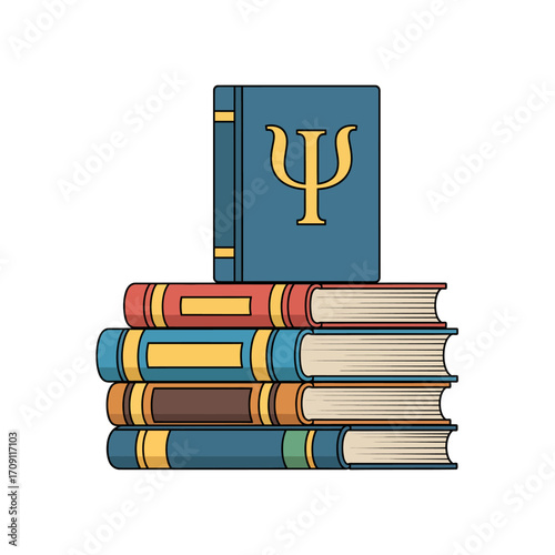 A stack of psychology books with the Greek letter Psi on the top book.