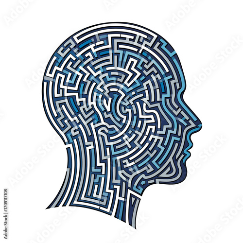 Maze in the shape of a human head, representing complexity of the mind.