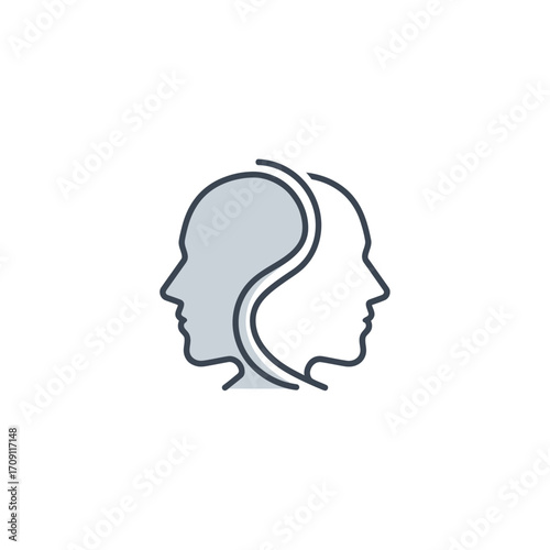 Illustration of two human head profiles, forming a yin-yang symbol, representing balance and duality.