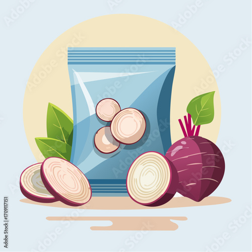 Taro chips in bag with fresh taro root and beets, a healthy snack for mindful eating lifestyle
