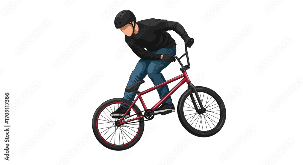Naklejka premium BMX Rider in Black Helmet and Gloves on Red Bike.