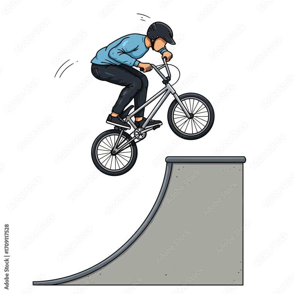 Fototapeta premium Cartoon BMX Rider Performing Trick on Ramp with Helmet and Blue Shirt.