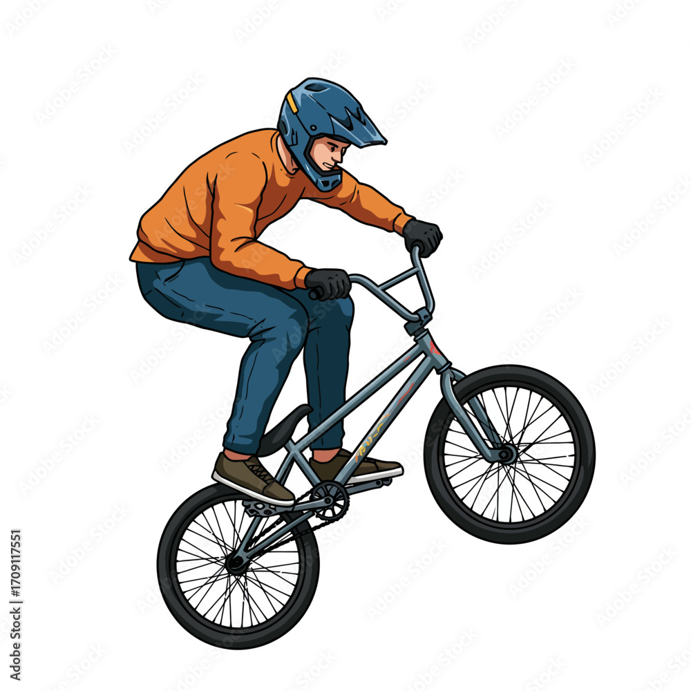 Fototapeta premium Man Performing a Bicycle Stunt Orange Shirt Blue Helmet.