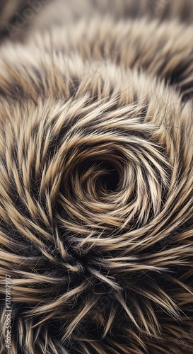 Close-up view of a textured faux fur fabric, showcasing its intricate swirls and varied shades of brown and gray.