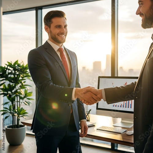 Two business professionals exchange a handshake in a modern office, bathed in natural light.
