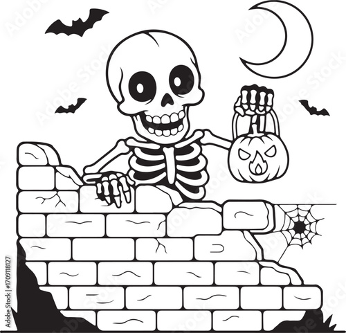 Friendly skeleton holding Halloween pumpkin pail, bats flying around, spooky brick wall scene