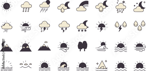 Diverse set of weather forecast icons for app design, showcasing sun, rain, storms, wind, and night skies, perfect for user interface elements in weather applications