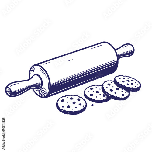 Hand drawn illustration of rolling pin and freshly baked chocolate chip cookies on white background