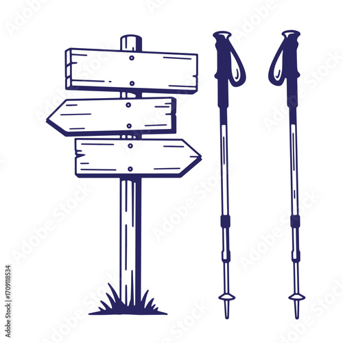 Hand drawn illustration of wooden direction sign and trekking poles on a white background