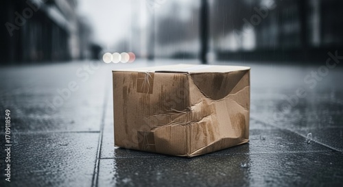 A damaged, soggy cardboard package left abandoned on a wet pavement during a rainy day. A moody photo about loss or delivery problems.