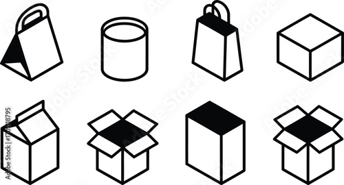 Isometric Line Art Illustration Featuring Various Containers Different Boxes and Packaging Options Bags and Cylinders Represented with Simple Black Lines and White Backgrounds