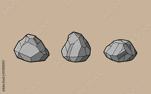 Three rough gray stones with textured surfaces on a plain background