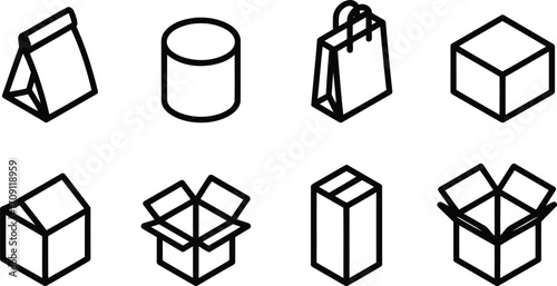 Isometric Icons Illustrating Packaging and Product Delivery Featuring a Paper Bag, Cylinder, Shopping Bag, and a Variety of Boxes