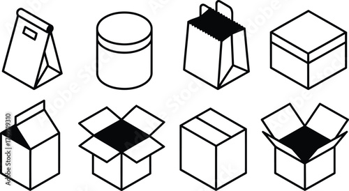 Assortment of Packaging Icons in Line Art Style Depicting Various Box and Bag Designs Ready for Merchandise Delivery and Shipping Scenarios