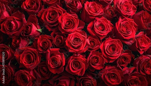 A mass of velvety red roses in full bloom, densely packed together creating a deep, romantic, and visually stunning floral arrangement