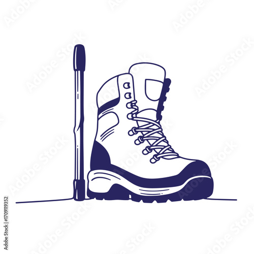 Illustrated hiking boot with walking stick against a white background concept design
