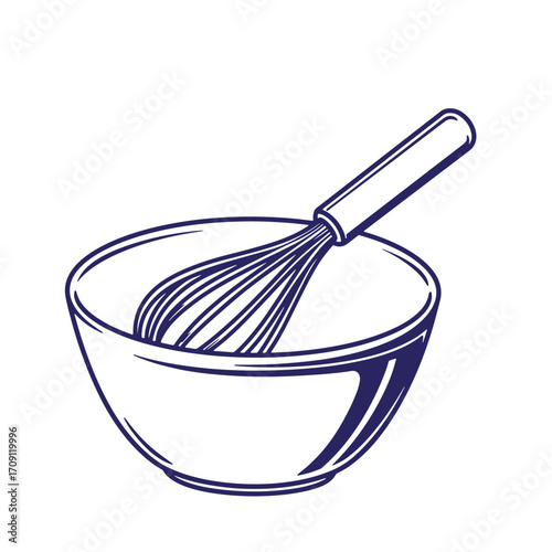 Illustration of a bowl and whisk ideal for baking cooking recipe preparation