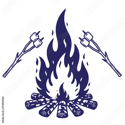 Illustration of a campfire with marshmallows on skewers for camping and outdoor activities