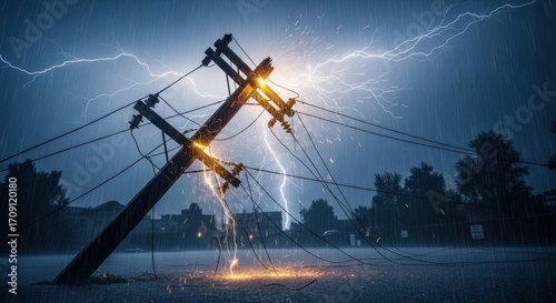 A powerful lightning storm causes a power line to fall and spark, resulting in a power outage. A dramatic scene of storm damage to infrastructure.