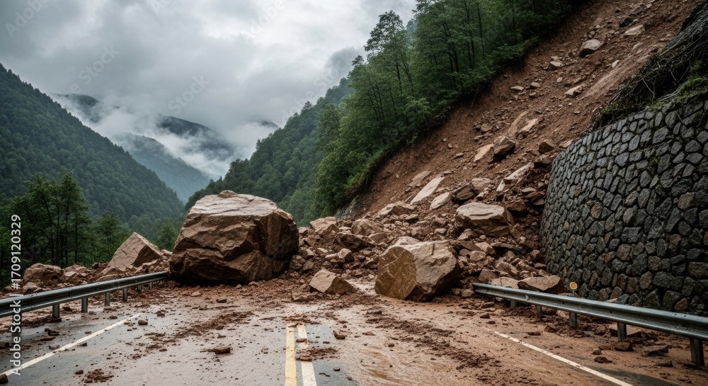 Fototapeta premium A massive landslide with large boulders and mud has blocked a mountain highway, making it impassable. A depiction of a dangerous natural disaster.