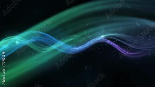 Abstract aurora-like light ribbons with gentle, star-like flares in a seamless looping video magical, beautiful, color