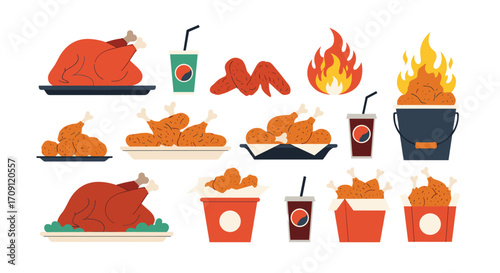 A delicious collection of fried and roasted chicken dishes with beverages and fiery flames.