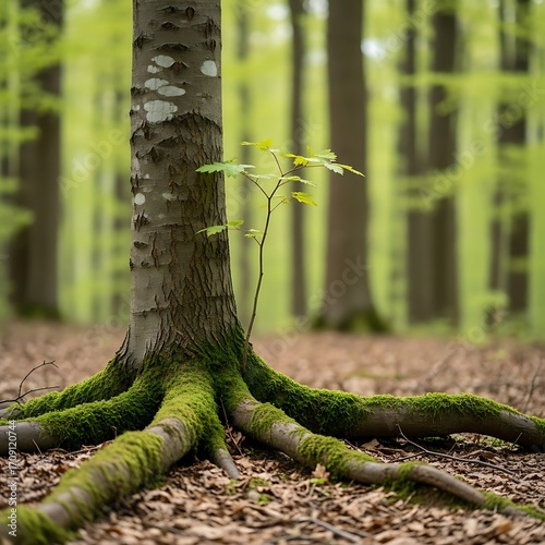 A young sprout emerges beside a mossy tree trunk, showcasing the vibrant life in a tranquil forest.