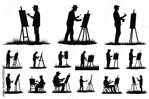 Artist Silhouettes Painting On Easels In Various Poses